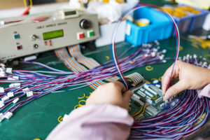 Young women working on the production line in factory